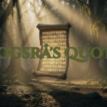 “Ancient forest illuminated by golden light, with a glowing rune-covered scroll suspended in the air — symbolizing Skogsrå’s Quotes and the timeless wisdom of the forest.”