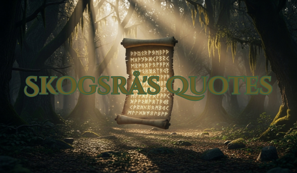 “Ancient forest illuminated by golden light, with a glowing rune-covered scroll suspended in the air — symbolizing Skogsrå’s Quotes and the timeless wisdom of the forest.”