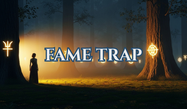 Misty Scandinavian forest at twilight with a mysterious feminine figure and glowing sigils, evoking the emotional tension between visibility and authenticity.