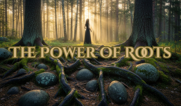 “Silhouette of a woman standing in a misty forest as sunlight filters through tall trees, surrounded by moss-covered roots and stones — symbolizing Skogsrå’s wisdom and the power of grounded growth.” “Skogsrå, the mythical forest guardian, stands amid ancient tree roots in a misty Scandinavian forest — symbol of patience, wisdom, and the power of roots in spiritual growth.