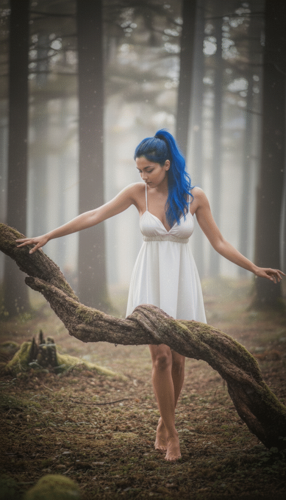 “A woman with cobalt-blue hair and a white dress stands barefoot among moss-covered roots in a misty forest, her calm poise reflecting balance between nature and self.”  Elle Norris, the AlchemMyst Muse, stands barefoot in a foggy forest wearing a white dress, symbolizing harmony between modern identity and nature’s wisdom.