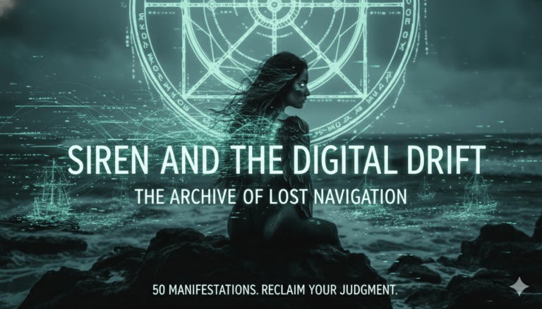 A dark, cinematic scene of a modern Siren with bird-like wings sitting on a jagged coastal rock at night. Her body is partially dissolving into glowing digital data streams and glitch effects. Above her, a large, intricate teal sigil or compass glows against a stormy sky, while ghostly digital outlines of 18th-century sailing ships drift across the churning dark ocean.