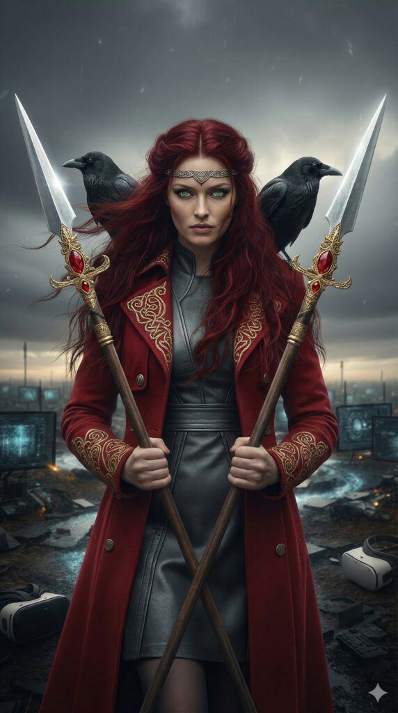 Morrígan with crossed spears.