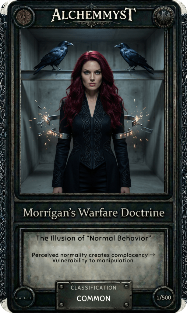 AlchemMyst guide card MWD-11 from Morrígan's Warfare Doctrine series. The card features a dark fantasy illustration of the Morrígan — a red-haired warrior woman in a Celtic-knotwork black fitted coat, flanked by two ravens perched on shelves in a stark, institutional white room. A runic metal band at waist level fractures outward with sparks on both sides. The stark white environment creates a deliberate visual tension with the Morrígan's presence — the "normal" environment disrupted by the sovereign figure within it. The card title reads "The Illusion of Normal Behavior" with the doctrine summary: "Perceived normality creates complacency → Vulnerability to manipulation." Classified as Common, numbered 1/500. Part of a 50-card physical set accompanying the Morrígan War Doctrine guidebook on combatting predictability in the Age of AI.