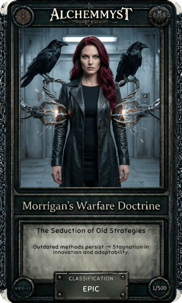 AlchemMyst guide card MWD-13 from Morrígan's Warfare Doctrine series. The card features a dark, cinematic illustration of the Morrígan — a red-haired woman in a long black leather coat, flanked by two ravens perched on mechanical arms extending from either side. Behind her, a sterile institutional corridor with fluorescent lighting creates a stark contrast between the ancient archetype and a modern, systematized environment — a visual metaphor for the tension between old methods and new terrain. Electrical sparks arc from the mechanical arms, suggesting energy that has not yet found its proper form. The Morrígan stands centered and still, neither reaching for the sparks nor retreating from them. The card title reads "The Seduction of Old Strategies" with the doctrine summary: "Outdated methods persist → Stagnation in innovation and adaptability." Classified as Epic, numbered 1/500. Part of a 50-card physical set accompanying the Morrígan War Doctrine guidebook on combatting predictability in the Age of AI.