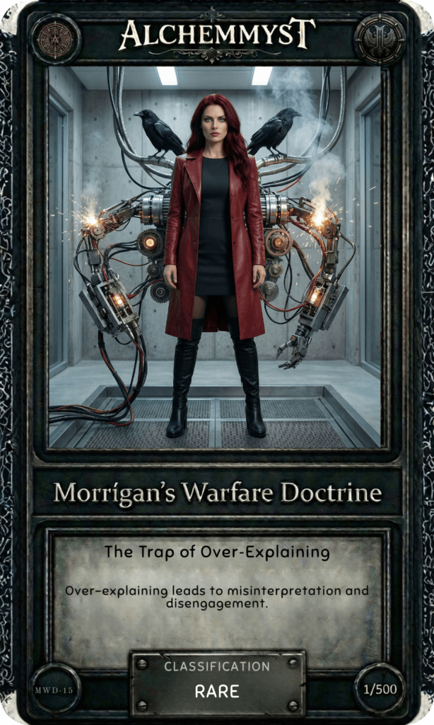 AlchemMyst guide card MWD-15 from Morrígan's Warfare Doctrine series. The card features a striking illustration of the Morrígan — a red-haired woman in a deep crimson leather coat and black knee-high boots, flanked by two ravens perched on the arms of a massive mechanical apparatus that fills the chamber behind her. The machinery is dense with wiring, gears, pistons, and glowing elements, with electrical sparks arcing at both sides — a visual representation of the complex internal logic that over-explaining exposes. The Morrígan stands centered and still, her expression composed and unreadable, her posture suggesting neither explanation nor apology. The red coat — distinct from the black worn in earlier cards — signals a shift in register: this is the doctrine of active withholding, not passive concealment. The card title reads "The Trap of Over-Explaining" with the doctrine summary: "Over-explaining leads to misinterpretation and disengagement." Classified as Rare, numbered 1/500. Part of a 50-card physical set accompanying the Morrígan War Doctrine guidebook on combatting predictability in the Age of AI.