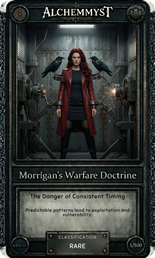 AlchemMyst guide card MWD-16 from Morrígan's Warfare Doctrine series. The card features the Morrígan — a red-haired woman in a deep crimson leather coat — standing centered in a reinforced industrial chamber, flanked by two ravens perched on a horizontal mechanical bar at shoulder height. Behind her, two large industrial gear wheels are mounted on the chamber walls, with electrical sparks arcing at both sides — the gears a direct visual metaphor for the mechanical, clock-like nature of consistent timing as a vulnerability. The chamber is steel-panelled and institutional, lit from above with cold fluorescent light, suggesting a system that runs on schedule. The Morrígan's posture is still and composed, her expression unreadable — the figure who has stepped outside the clock, not the one still running on it. The card title reads "The Danger of Consistent Timing" with the doctrine summary: "Predictable patterns lead to exploitation and vulnerability." Classified as Rare, numbered 1/500. Part of a 50-card physical set accompanying the Morrígan War Doctrine guidebook on combatting predictability in the Age of AI.