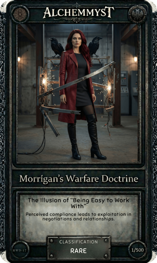 AlchemMyst guide card MWD-17 from Morrígan's Warfare Doctrine series. The card features the Morrígan — a red-haired woman in a deep crimson leather coat and black knee-high boots — standing in a wide industrial space with high ceilings and warm ambient lighting. Two ravens perch on a large diagonal metal frame structure that crosses behind her, with electrical sparks arcing at both ends — the diagonal frame suggesting the deliberate introduction of angle and friction into an otherwise flat, accommodating space. Unlike the tight, enclosed chambers of earlier cards, this setting has depth and openness, reflecting the social and relational terrain that MWD-17 operates in. The Morrígan stands centered and composed, her posture neither aggressive nor yielding — the figure who has chosen strategic friction over automatic smoothness. The card title reads "The Illusion of 'Being Easy to Work With'" with the doctrine summary: "Perceived compliance leads to exploitation in negotiations and relationships." Classified as Rare, numbered 1/500. Part of a 50-card physical set accompanying the Morrígan War Doctrine guidebook on combatting predictability in the Age of AI.