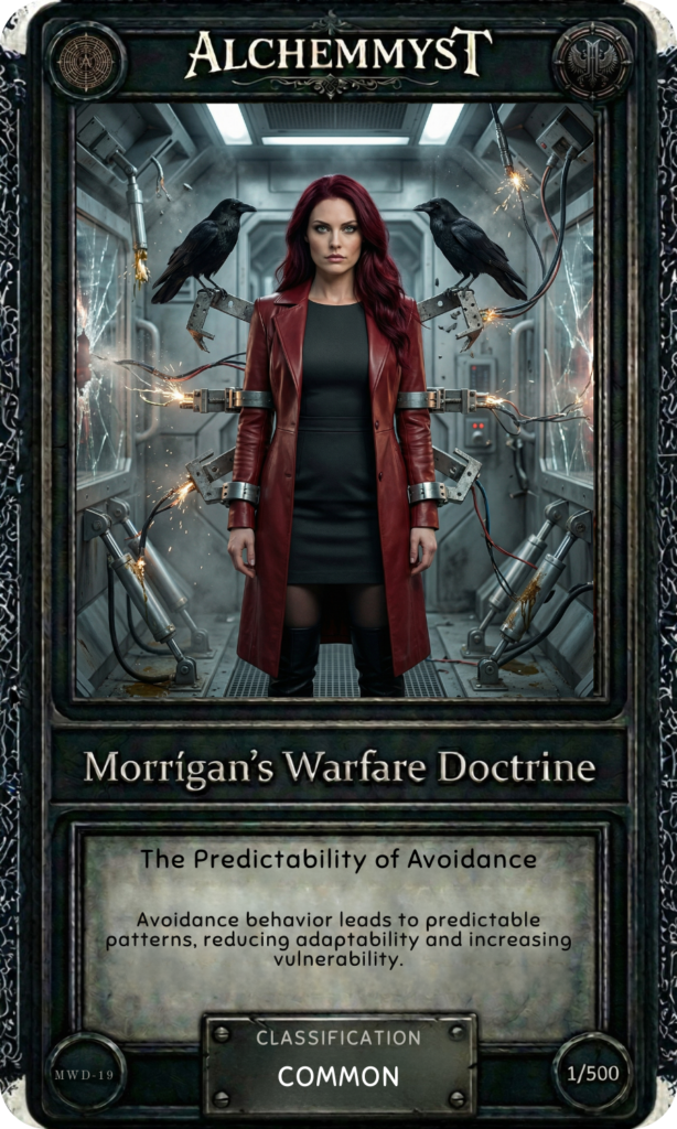 AlchemMyst guide card MWD-19 from Morrígan's Warfare Doctrine series. The card features the Morrígan — a red-haired woman in a deep crimson leather coat — standing in a narrow industrial corridor with cracked glass panels and mechanical robotic arms extending from both sides at mid-frame, sparking with electrical discharge. Two ravens perch on the mechanical arms, one on each side, flanking her symmetrically. The setting is more enclosed and corridor-like than prior cards, with the cracked glass and robotic arms suggesting the structural pressure of avoidance — the way the avoided thing closes in from both sides, narrowing the available space. The Morrígan stands centered and direct, facing forward without withdrawal — the figure who has turned to face what the corridor was designed to make her avoid. The card title reads "The Predictability of Avoidance" with the doctrine summary: "Avoidance behavior leads to predictable patterns, reducing adaptability and increasing vulnerability." Classified as Common, numbered 1/500. Part of a 50-card physical set accompanying the Morrígan War Doctrine guidebook on combatting predictability in the Age of AI.