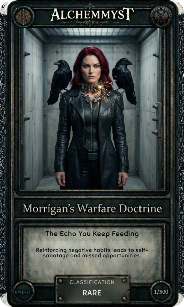 AlchemMyst guide card MWD-21. The Morrígan — red-haired woman in a black leather jacket — stands centered in a stark concrete corridor. Two ravens perch on her shoulders. A mechanical collar at her throat sparks with electrical discharge. She faces forward, still and direct. Card title: "The Echo You Keep Feeding." Doctrine summary: "Reinforcing negative habits leads to self-sabotage and missed opportunities." Classification: Rare. Numbered 1/500.