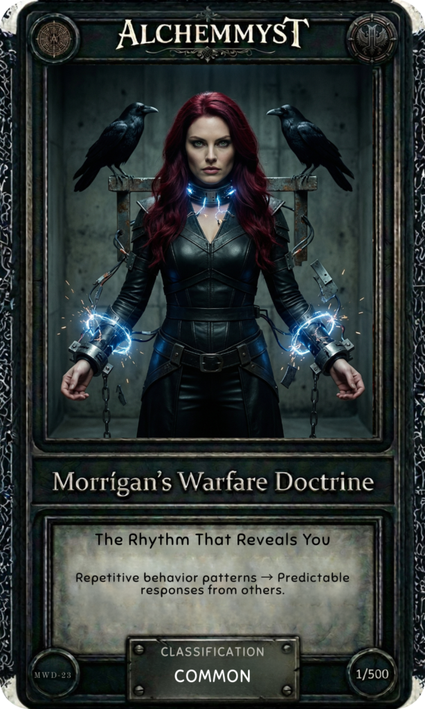 AlchemMyst guide card MWD-23. The Morrígan — red-haired woman in dark leather armor with a glowing collar — stands centered in a concrete industrial space. Two ravens perch on a crossbar behind her. Blue electrical arcs crackle from her hands. She faces forward, still and direct. Card title: "The Rhythm That Reveals You." Classification: Common. Numbered 1/500.