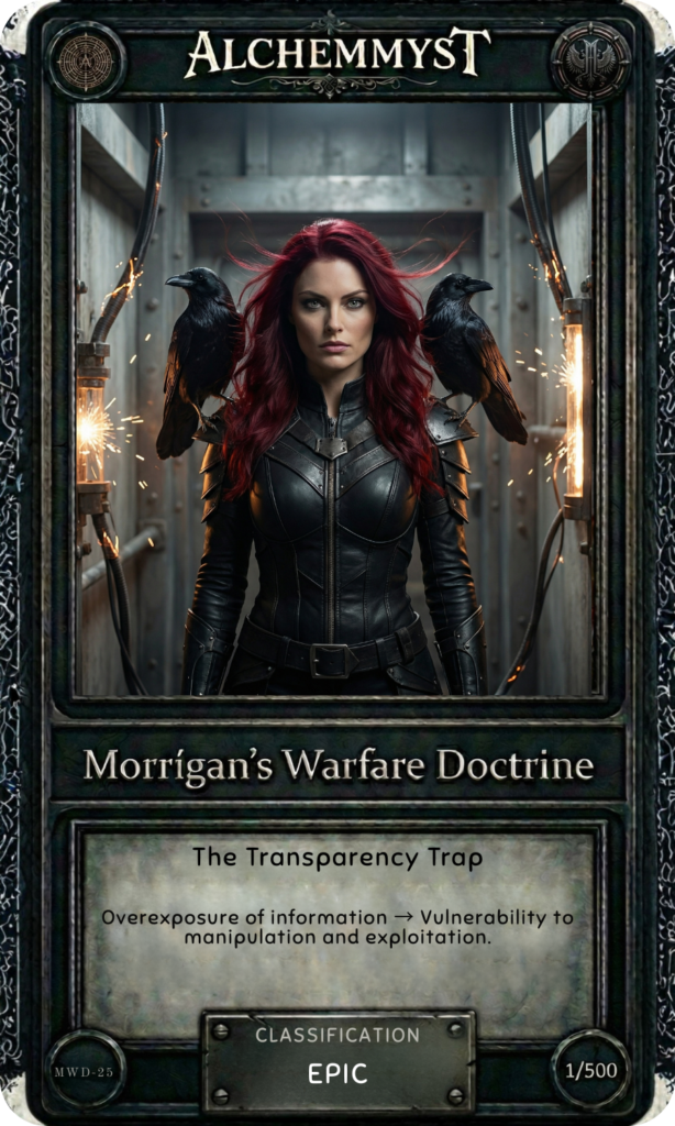 The MWD-25 card features a red-haired woman in fitted black tactical armor standing centered in a narrow concrete corridor. Two ravens perch on mechanical arms that extend from the walls at shoulder height, with sparks arcing from the arm joints. The lighting is cold and industrial, with a pale overhead source casting hard shadows. The card frame is dark iron with gothic detailing. The bottom panel reads "Morrigan's Warfare Doctrine / The Transparency Trap / Overexposure of information → Vulnerability to manipulation and exploitation. / CLASSIFICATION: EPIC / MWD-25 / 1/500.