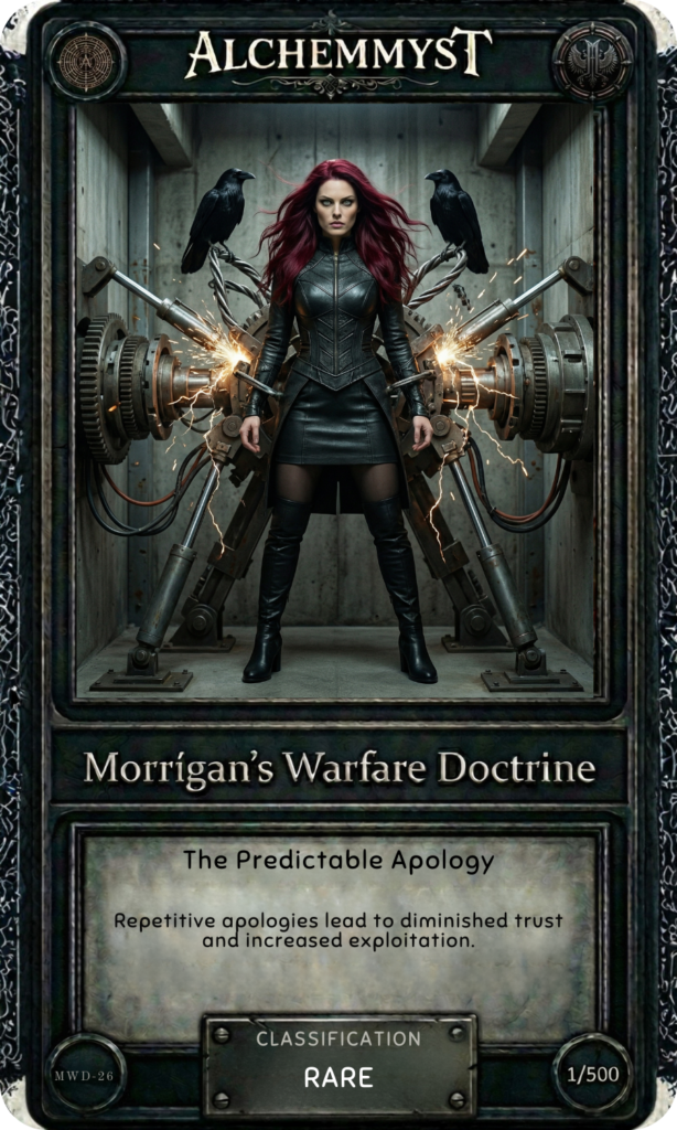 A vertical trading card in the AlchemMyst dark-fantasy aesthetic. The card frame is heavy cast iron with aged, riveted borders and intricate knotwork etching along the edges, consistent with the Morrígan War Doctrine series. The background behind the central figure is an industrial chamber — concrete walls, heavy mechanical apparatus on both sides with large exposed gears, pistons, and electrical conduit emitting sparks and arcing lightning. The atmosphere is charged and tense, lit by the cold blue-white of electrical discharge. The central figure is a woman with long, deep crimson-red hair falling past her shoulders. She stands in a wide, grounded stance — feet planted, arms relaxed at her sides, posture entirely still amid the surrounding mechanical chaos. She wears a fitted black leather corset-style jacket, a black leather mini skirt, and tall black over-the-knee boots. Her expression is composed and unreadable — not aggressive, not yielding. Two large black ravens perch on the mechanical arms flanking her, one on each side, facing inward. At the top of the card, the AlchemMyst logo appears in aged gold serif lettering on a dark banner. At the bottom, a stone-textured text panel reads "Morrigan's Warfare Doctrine" in bold serif type. Below that, a lighter inset panel displays the entry title "The Predictable Apology" and the subtitle "Repetitive apologies lead to diminished trust and increased exploitation." At the base of the card, a classification badge reads RARE with the edition marker 1/500 and the entry code MWD-26 in the lower left corner.