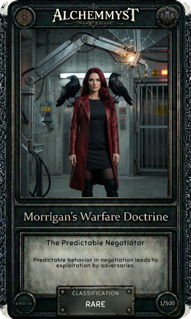 Dark fantasy trading card, heavy cast-iron frame with knotwork borders. Background: industrial corridor — concrete walls, metal cage barriers, exposed conduit, a large mechanical robotic arm overhead emitting sparks and electrical discharge. Atmosphere: cold, high-stakes, industrial grey. Central figure: woman with deep crimson-red hair past her shoulders, wearing a long structured dark-red leather coat over a black dress and tall black boots. Stance: grounded, forward-facing, composed under pressure. Two black ravens perch on her shoulders, one each side. Top banner: AlchemMyst logo in aged gold serif. Bottom text panel: "Morrigan's Warfare Doctrine" in bold serif; inset reads "The Predictable Negotiator" / "Predictable behavior in negotiation leads to exploitation by adversaries." Base badge: RARE | 1/500 | MWD-28.