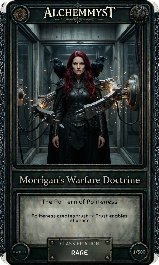Dark fantasy trading card, heavy cast-iron frame with knotwork borders. Background: a narrow industrial corridor — smooth concrete walls, recessed lighting, a sense of controlled confinement. Central figure: woman with long deep crimson-red hair, wearing a fitted black leather corset jacket, black skirt, and tall black boots. Across her torso and arms, a large mechanical apparatus — exposed wiring, metal armatures, sparking joints — frames her body without restraining it. Stance: grounded, forward-facing, entirely composed. Expression: calm, unreadable, sovereign. Two black ravens perch on her shoulders. Top banner: AlchemMyst logo in aged gold serif. Bottom text panel: "Morrigan's Warfare Doctrine" in bold serif; inset reads "The Pattern of Politeness" / "Politeness creates trust → Trust enables influence." Base badge: RARE | 1/500 | MWD-29.