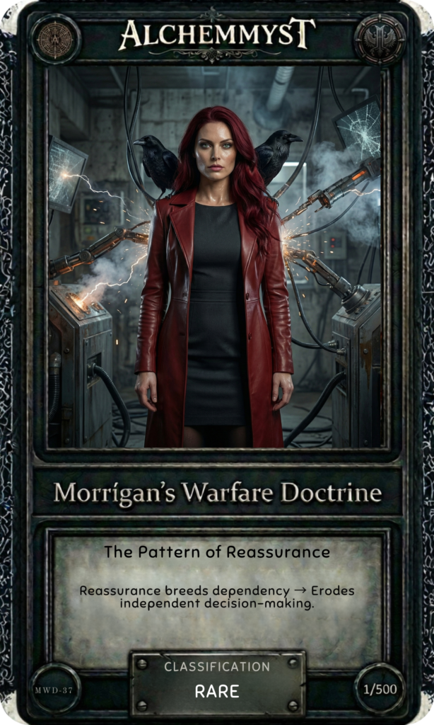 Dark-bordered collector card with ornate runic frame. AlchemMyst logo centered at top. Central figure: a woman in a deep red leather coat over a black dress, standing in an industrial laboratory setting with electrical equipment, sparking cables, and blue-white lightning arcs on both sides. Two black ravens perch on her shoulders, their wings slightly raised. Her expression is composed and direct, posture still. Lighting is cool and industrial with blue electrical arcs and warm sparks as accents. Lower text panel reads "Morrigan's Warfare Doctrine" in serif type, followed by "The Pattern of Reassurance" and the card description. Classification badge reads RARE. Edition marker: 1/500. Entry code MWD-37 in lower left corner.