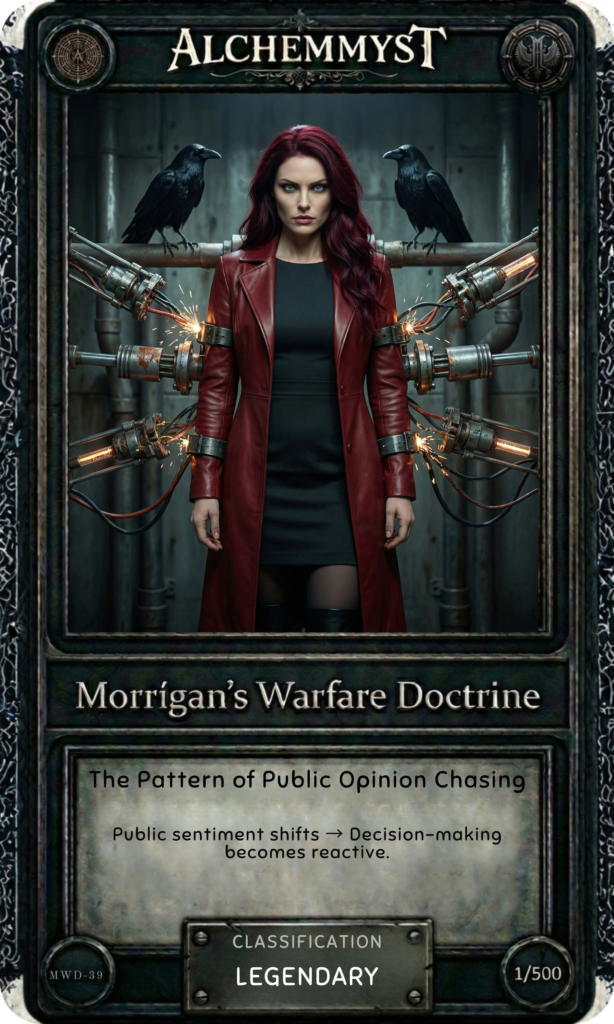Dark-bordered collector card with ornate runic frame. AlchemMyst logo centered at top. Central figure: a woman in a deep red leather coat over a black dress, standing in a narrow industrial corridor. Two black ravens perch on a large horizontal pipe that crosses behind her at shoulder height. Flanking her on both sides are clusters of heavy industrial pipes with glowing orange heat elements and sparking electrical connectors. Her posture is direct and composed, gaze fixed forward. Lighting is cool and atmospheric with warm industrial glow from the pipe fittings. Lower text panel reads "Morrigan's Warfare Doctrine" in serif type, followed by "The Pattern of Public Opinion Chasing" and the card description. Classification badge reads LEGENDARY. Edition marker: 1/500. Entry code MWD-39 in lower left corner.