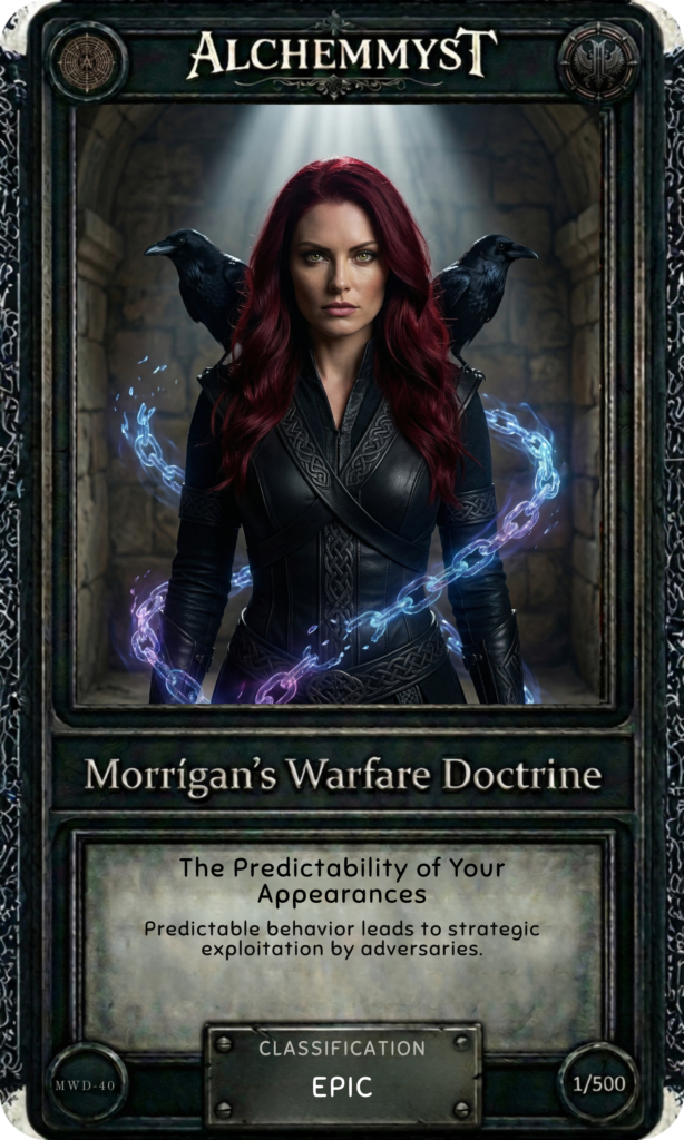 Dark stone corridor framing the card. Morrígan stands centered in full-length black leather with Celtic knotwork detailing, arms at sides, gaze direct and unreadable. Two black ravens perch at shoulder height on either side, wings slightly raised. Glowing blue-violet spectral chains arc from the ravens outward and dissolve into the corridor walls. Overhead light casts a narrow beam, illuminating the figure from above. Lower text panel reads: "The Predictability of Your Appearances" with caption "Predictable behavior leads to strategic exploitation by adversaries." Classification badge reads EPIC. Edition marker 1/500. Entry code MWD-40 lower left.