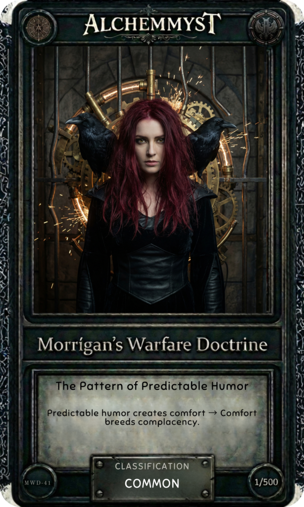 Dark ornate trading card with runic border. Background: large brass gear mechanism with glowing sparks and steam, set in a stone vault-like chamber. Central figure: red-haired woman in fitted black leather jacket and skirt, standing with composed stillness, direct gaze. Two black ravens perch on her shoulders. Warm amber and gold sparks illuminate the scene. Lower text panel reads "The Pattern of Predictable Humor" with caption "Predictable humor creates comfort → Comfort breeds complacency." Classification badge reads COMMON. Edition marker: 1/500. Entry code MWD-41 lower left.