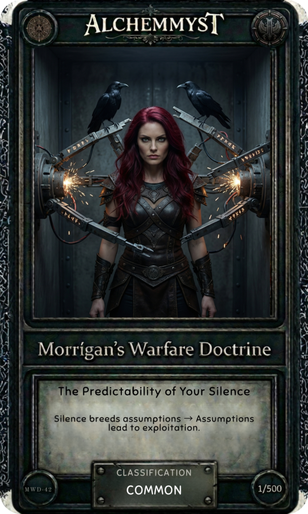 Image Description: Dark-bordered trading card with ornate thorn-vine frame. Header reads "ALCHEMMYST" in aged serif font with alchemical medallion top-left and runic emblem top-right. Central image: a woman with long dark-red hair in black leather armor stands centered before a steel-gray industrial background. Two black ravens perch on a runic-inscribed metal crossbar extending from her shoulders, sparks flying from both ends. Her expression is direct and unreadable. Lower panel on aged parchment reads "Morrigan's Warfare Doctrine" in large serif font, followed by entry title "The Predictability of Your Silence" and tagline "Silence breeds assumptions → Assumptions lead to exploitation." Classification badge reads "COMMON." Entry code MWD-42 bottom-left, edition marker 1/500 bottom-right.