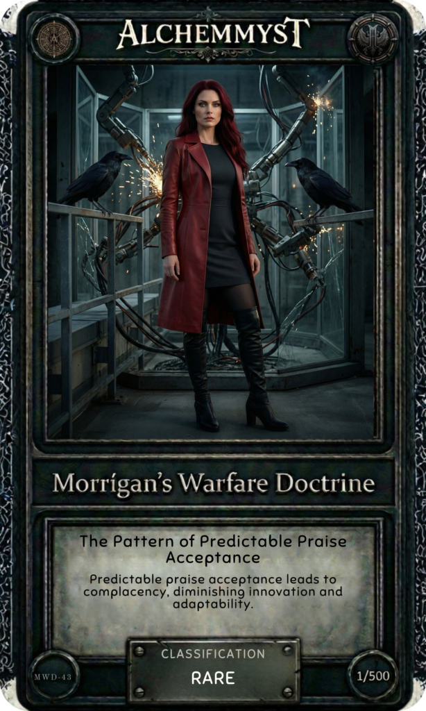 Dark-bordered trading card with ornate thorn-vine frame. Header reads "ALCHEMMYST" in aged serif font with alchemical medallion top-left and runic emblem top-right. Central image: a woman with long dark-red hair wearing a deep crimson leather coat over a black dress and black thigh-high boots stands centered in an industrial corridor. Mechanical arms with cables and sparking joints extend from the walls on both sides. Two black ravens perch on the mechanical structures flanking her — one left, one right. Her expression is composed and watchful. Lower panel on aged parchment reads "Morrigan's Warfare Doctrine" in large serif font, followed by entry title "The Pattern of Predictable Praise Acceptance" and tagline "Predictable praise acceptance leads to complacency, diminishing innovation and adaptability." Classification badge reads "RARE." Entry code MWD-43 bottom-left, edition marker 1/500 bottom-right.