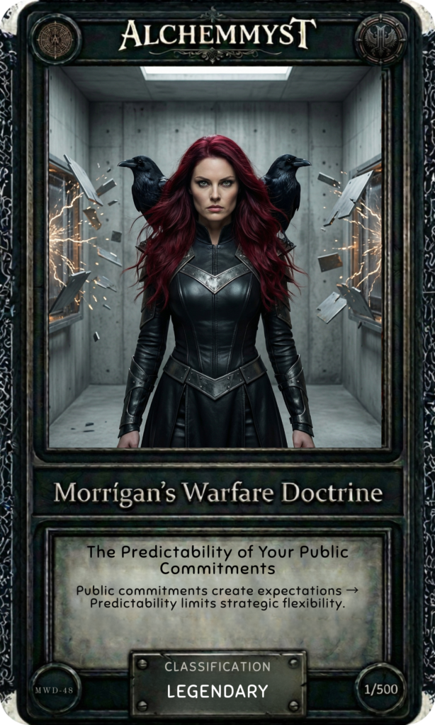 Dark-bordered trading card with ornate thorn-vine frame. Header reads "ALCHEMMYST" in aged serif font with alchemical medallion top-left and runic emblem top-right. Central image: a woman with long dark-red hair wearing fitted black leather armor with a silver chevron chest plate stands in a stark concrete corridor. Two large black ravens perch on her shoulders. Shards of glass or metal explode outward from the walls on both sides, with arcing lightning illuminating the debris. Her expression is fierce and forward-focused. Lower panel on aged parchment reads "Morrigan's Warfare Doctrine" in large serif font, followed by entry title "The Predictability of Your Public Commitments" and tagline "Public commitments create expectations → Predictability limits strategic flexibility." Classification badge reads "LEGENDARY." Entry code MWD-48 bottom-left, edition marker 1/500 bottom-right.