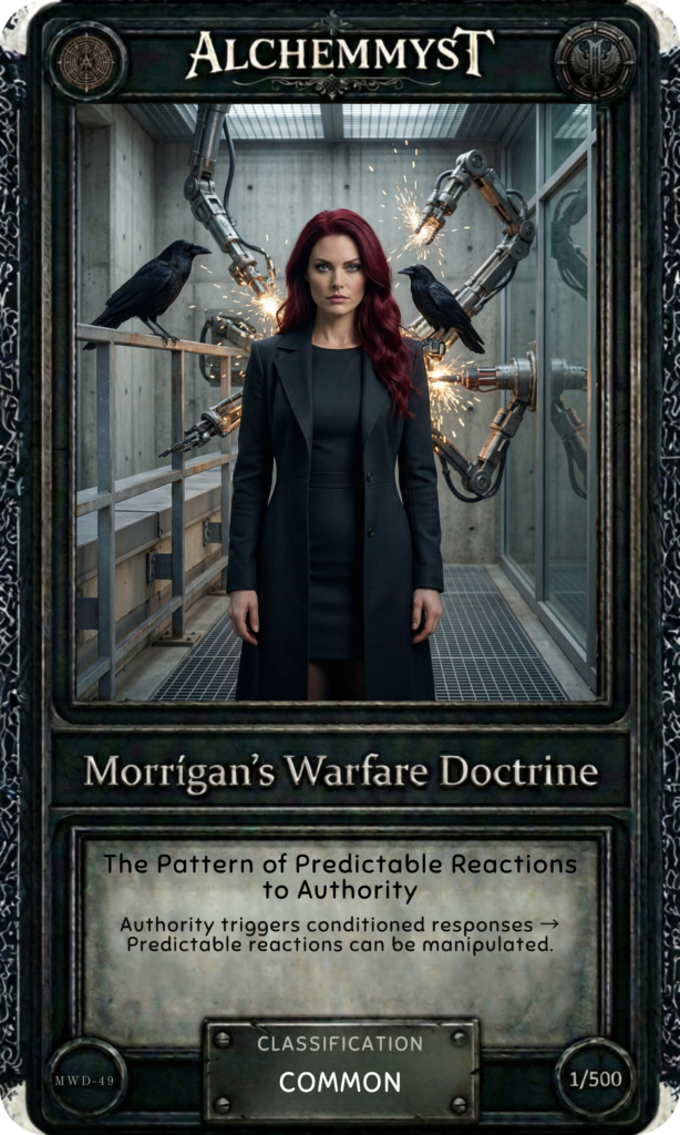 Dark-bordered trading card with ornate thorn-vine frame. Header reads "ALCHEMMYST" in aged serif font with alchemical medallion top-left and runic emblem top-right. Central image: a woman with long dark-red hair wearing a fitted dark charcoal blazer and black dress stands centered in a concrete industrial corridor with metal grating on the floor and glass-paneled walls. Large articulated robotic arm assemblies flank her on both sides, angled inward with sparking joints. One black raven perches on the left railing, a second on the right machinery. Her expression is composed and direct. Lower panel on aged parchment reads "Morrigan's Warfare Doctrine" in large serif font, followed by entry title "The Pattern of Predictable Reactions to Authority" and tagline "Authority triggers conditioned responses → Predictable reactions can be manipulated." Classification badge reads "COMMON." Entry code MWD-49 bottom-left, edition marker 1/500 bottom-right.