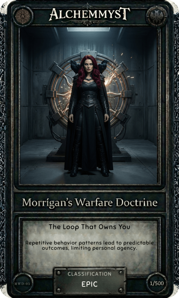 AlchemMyst guide card MWD-05 from Morrígan's Warfare Doctrine series. The card features a dark fantasy illustration of the Morrígan — a red-haired woman in a sweeping black gown and leather corset standing before a massive glowing circular vault door crackling with golden sparks, two ravens perched at her shoulders. The card title reads "The Loop That Owns You" with the doctrine summary: "Repetitive behavior patterns lead to predictable outcomes, limiting personal agency." Classified as EPIC, numbered 1/500. Part of a 50-card physical set accompanying the Morrígan War Doctrine guidebook on combatting predictability in the Age of AI.