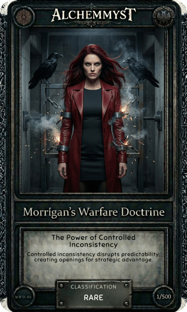 AlchemMyst guide card MWD-06 from Morrígan's Warfare Doctrine series. The card features a dark fantasy illustration of the Morrígan — a red-haired woman in a deep crimson leather coat standing before a shattered iron doorframe with chains breaking apart in bursts of sparks and smoke, two ravens flanking her on either side. The card title reads "The Power of Controlled Inconsistency" with the doctrine summary: "Controlled inconsistency disrupts predictability, creating openings for strategic advantage." Classified as RARE, numbered 1/500. Part of a 50-card physical set accompanying the Morrígan War Doctrine guidebook on combatting predictability in the Age of AI.