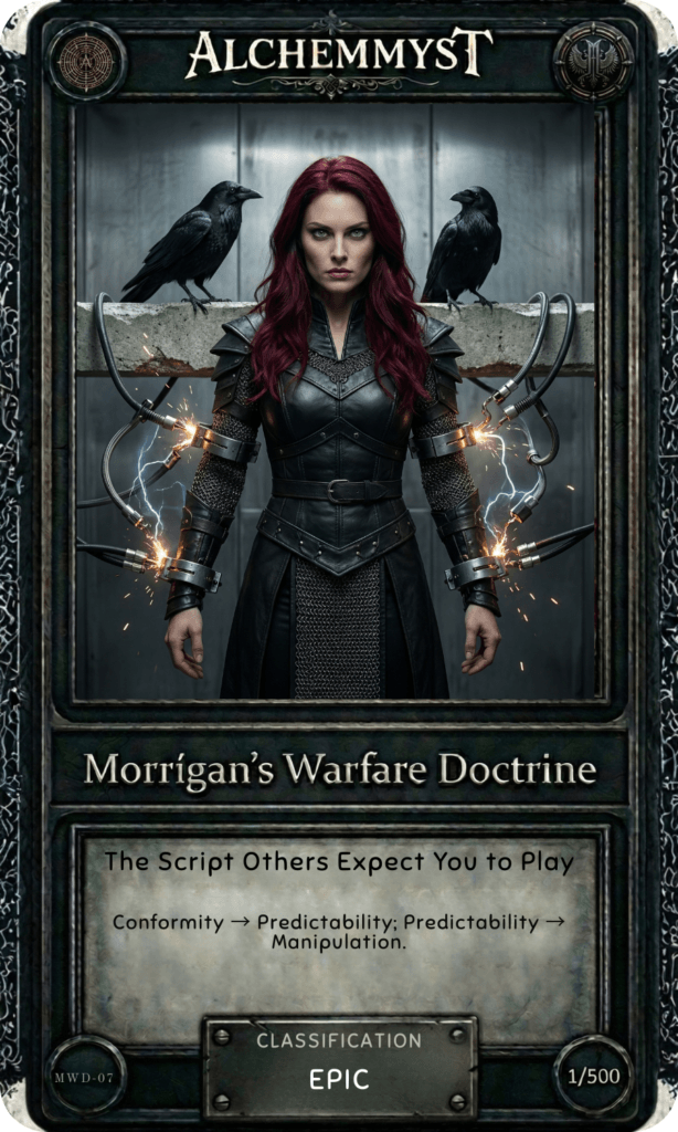 AlchemMyst guide card MWD-07 from Morrígan's Warfare Doctrine series. The card features a dark fantasy illustration of the Morrígan — a red-haired warrior woman in black chainmail armor standing between two ravens perched on a steel bar, with electric arcs and sparks firing from mechanical conduits on either side of her. Her expression is direct and unreadable. The card title reads "The Script Others Expect You to Play" with the doctrine summary: "Conformity → Predictability; Predictability → Manipulation." Classified as EPIC, numbered 1/500. Part of a 50-card physical set accompanying the Morrígan War Doctrine guidebook on combatting predictability in the Age of AI.