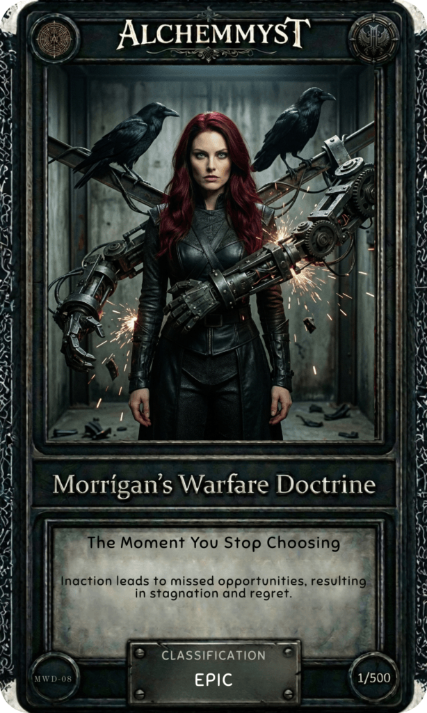 AlchemMyst guide card MWD-08 from Morrígan's Warfare Doctrine series. The card features a dark fantasy illustration of the Morrígan — a red-haired warrior woman in black tactical armor standing in a narrow corridor, flanked by two ravens perched on a large mechanical arm fitted with sparking industrial gears. Her expression is composed and deliberate. The card title reads "The Moment You Stop Choosing" with the doctrine summary: "Inaction leads to missed opportunities, resulting in stagnation and regret." Classified as EPIC, numbered 1/500. Part of a 50-card physical set accompanying the Morrígan War Doctrine guidebook on combatting predictability in the Age of AI.