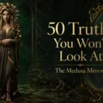 Featured image for “50 Truths You Won’t Look At — The Medusa Mirror,” showing Medusa in a dark emerald temple, wearing a draped olive gown with golden snakes woven through her hair and coiled around her body, standing beside a cracked ornate mirror with the title text displayed in gold.