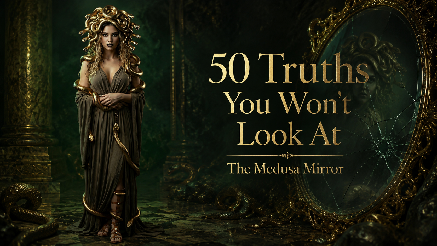 Featured image for “50 Truths You Won’t Look At — The Medusa Mirror,” showing Medusa in a dark emerald temple, wearing a draped olive gown with golden snakes woven through her hair and coiled around her body, standing beside a cracked ornate mirror with the title text displayed in gold.