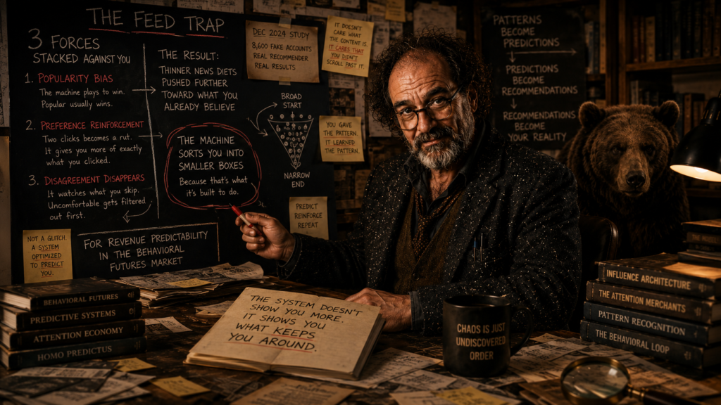 Boomer Blogger points to a wall of research notes explaining popularity bias, preference reinforcement, and behavioral prediction while a bear watches from the background, visualizing how recommendation algorithms shape online behavior.